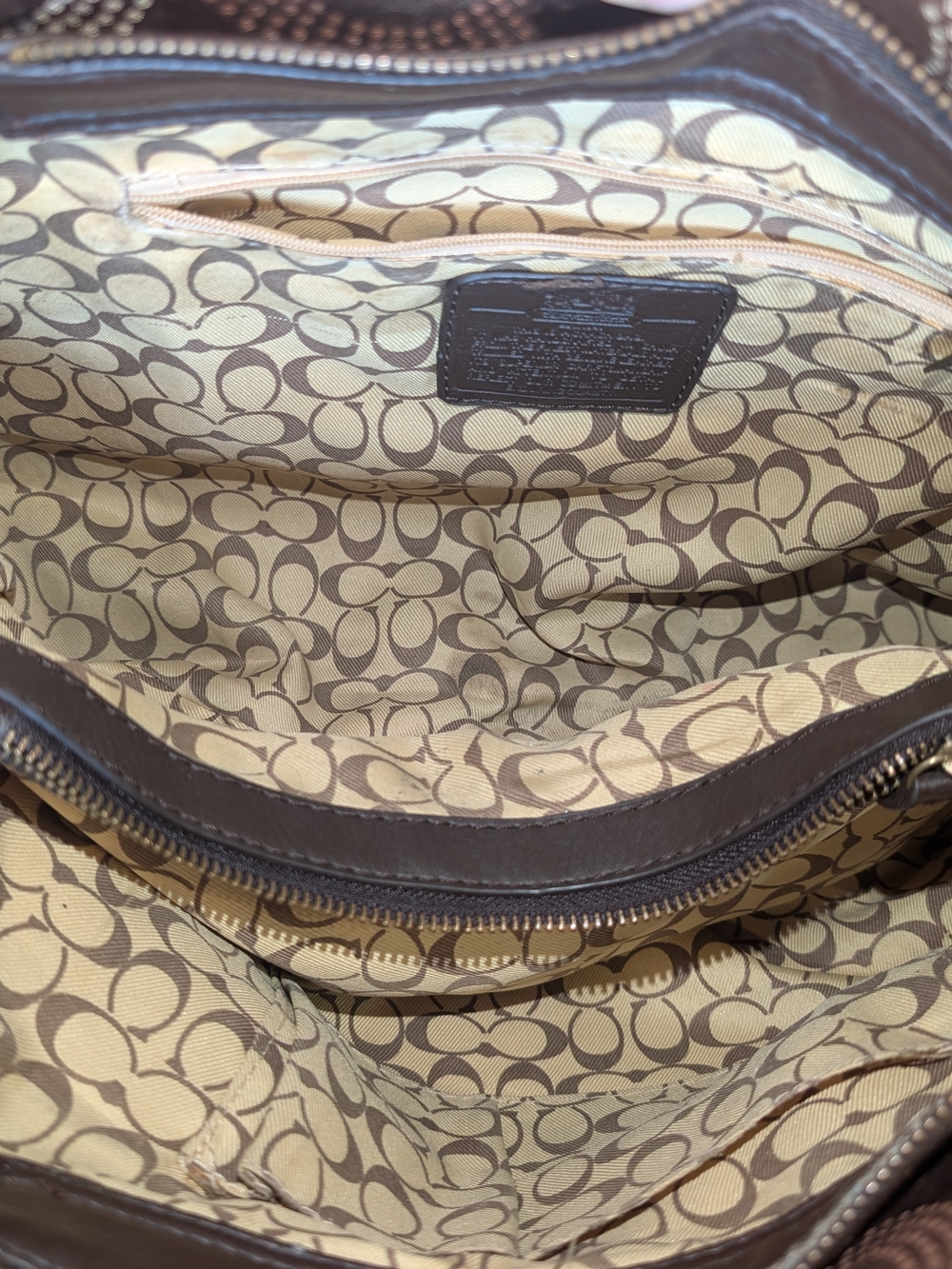 Purse Tote Shoulder Bag Dark Brown Trim Dotted C Coach Logo Design Decent Shape - Picture 8 of 13